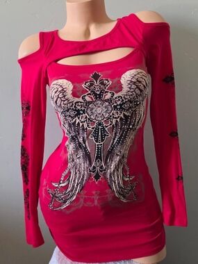2000s y2k Abbie Lane red graphic angel wings long sleeve shirt
